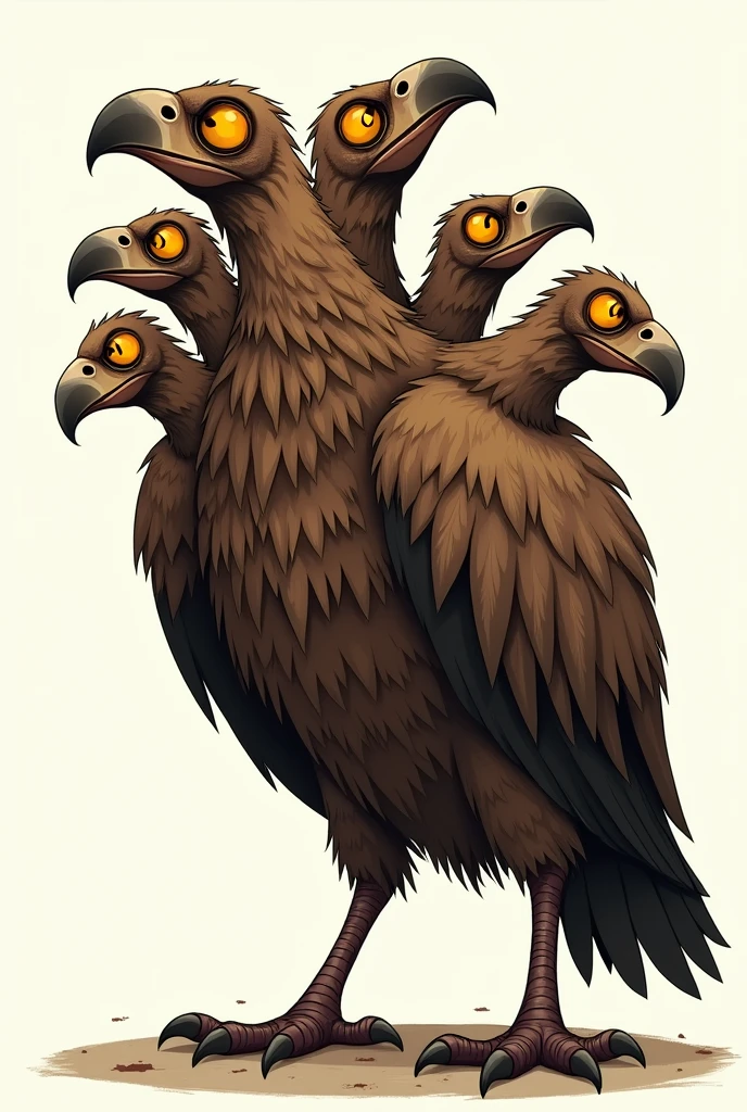 A large monstrous bird that has 7 head interconnected. Its style is vintage. Its background is plain. BIRD WITH 7 Head. Its style is not realistic but more like a cartoon and brown. Make it look very scary and dangerous