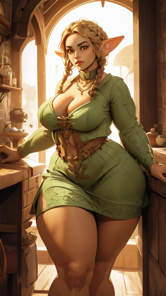 Elf girl. tan skin. very short hairstyle braided hair. Large soft breasts. huge hips. choker. mini dress. hazel eyes.