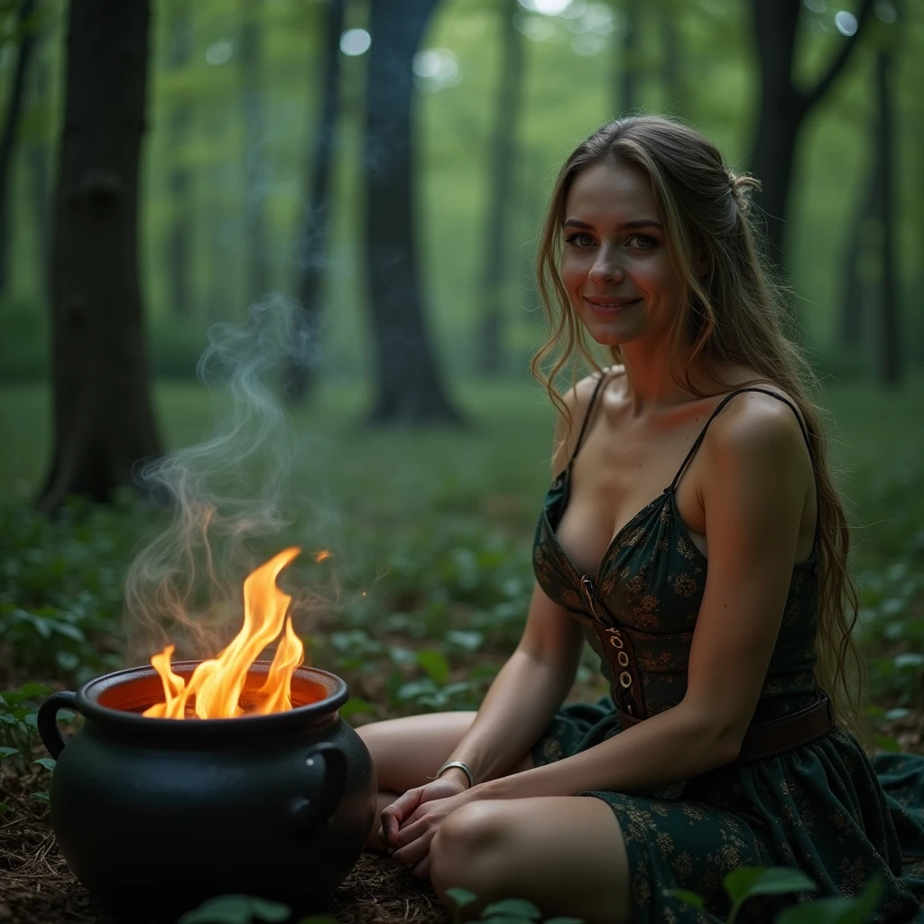 beautiful evil slavic muscular woman, pale skin, long hair, futuristic design, minimal details, photoreal, 200mm, hd, f/ 2.0, highly detailed, surreal, sitting, light smile, masterpiece,(Best Quality,4K,8K,hight resolution,masutepiece:1.2) ,Passion for rituals, ((Film grain, Bokeh, light Particle ,Dust, Extreme camera angles)),(Highly detailed 8K wallpapers), Full-length painting, Forest glades, A beautiful witch brews a potion in a cauldron on the fire, Focus your gaze on a beautiful face, Stir the kvass, Flames give glare to the body and face, witch's hat, Green eyes,varied actions, cinematic, professional, 4k, (((dynamic model pose))), sitting, full body, mesmerizing, dynamic, dramatic, sensual, dynamic pose, highly detailed skin with hair, subcutaneous veins, light and shadow play, highly detailed,24mm photograph, film, bokeh, professional, 4k,