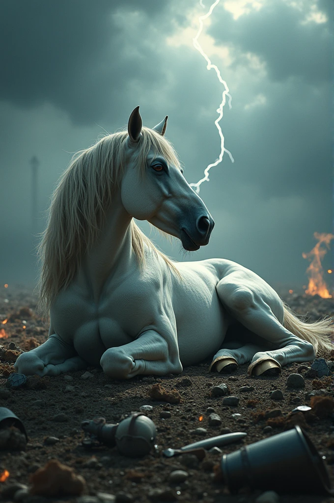 A great white horse dying in battlefield