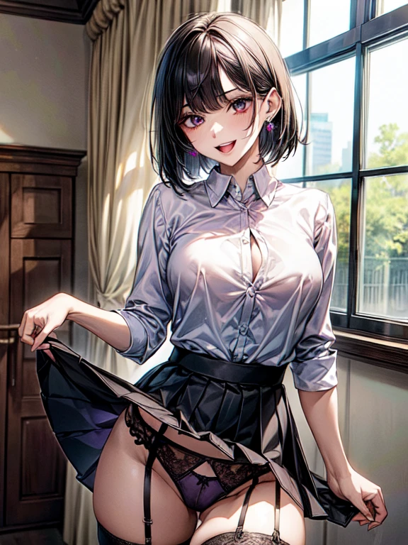 ((masterpiece, Highest quality, Very detailed)), left to right balance, Perfect Hands, beautiful hands, Perfect Fingers, beautiful fingers, beautiful eyes, perfect Limbs, perfect body, correct human body, shiny skin,
One girl, black hair, bob cut, swept bangs, BREAK ((black eyes)), thick thighs, evil smile, ((open mouth))
standing, ((pigeon toed)), looking at viewer, NSFW, ((open white collar shirt)), ((lots of pierced earrings)), medium breasts, necklace, ((Black pleated skirt)), (skirt lift, show off panties), BREAK ((purple and black bra)), ((purple and black thong)), ((black garter stockings)), ((wearing garter stockings on both legs)), BREAK A neat and clean motel, white interior, white bed, a bright and large picture window at the back of the room,