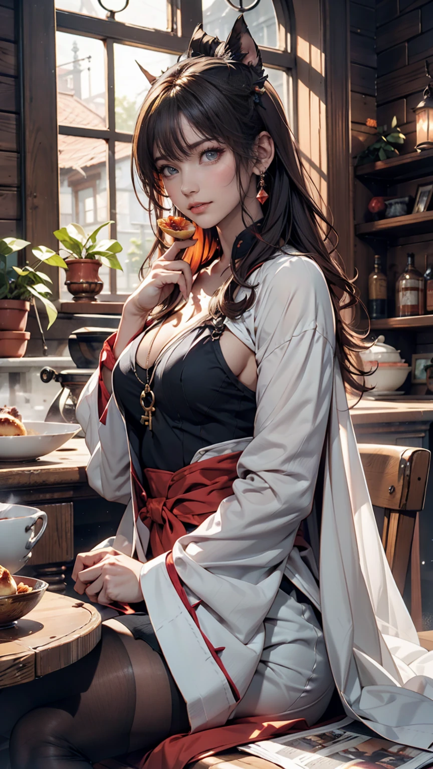 Animated character sitting on a chair with a bowl of food in his hands, Alchemist Girl, Light novel cover, Official Art, Epic light novel art cover, Official Artwork, epic Light novel cover, change, isekai, small curvy change, Casciato krenz, Casciato, Casciato krenz key art feminine, Shadowverse Style, Moe