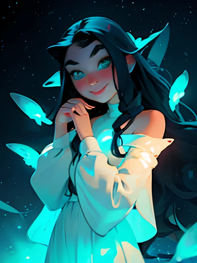 masterpiece, best quality, julia fe,  1girl, solo, long hair, looking at viewer, blush, smile, negative space, (bioluminescence:1.2), darkness, dark background, long sleeves, dress, bare shoulders, medium breasts, very long hair, wide sleeves, cape, white dress, circlet
