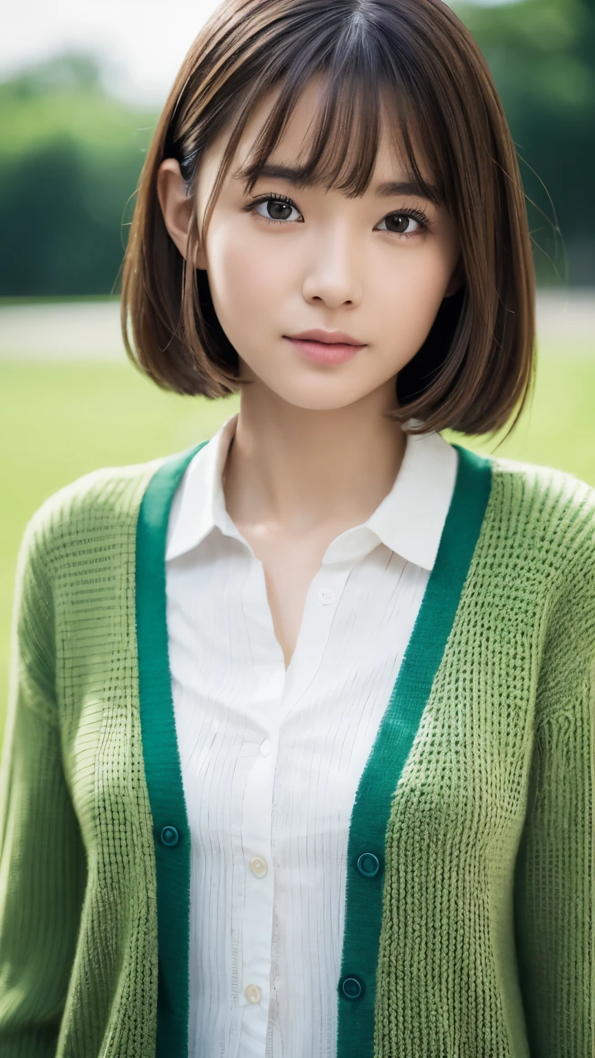 8k, highest quality, masterpiece, Realistic, Realistic, Very detailed, Natural light, Highly detailed face and skin, Fine grain, Highly detailed face and skin mid-shot, Beautiful woman staring at camera, Sexy pose, Tabletop, Beautiful Face, Realistic Face, Detailed face, Beautiful hairstyle, Realistic eyes, fine grain, Realistic Skin, Detailed skin, Beautiful Skin, charm, 超Realistic, Sexy green cardigan, ???, Brown Hair, Cute Japanese Girl, whole body