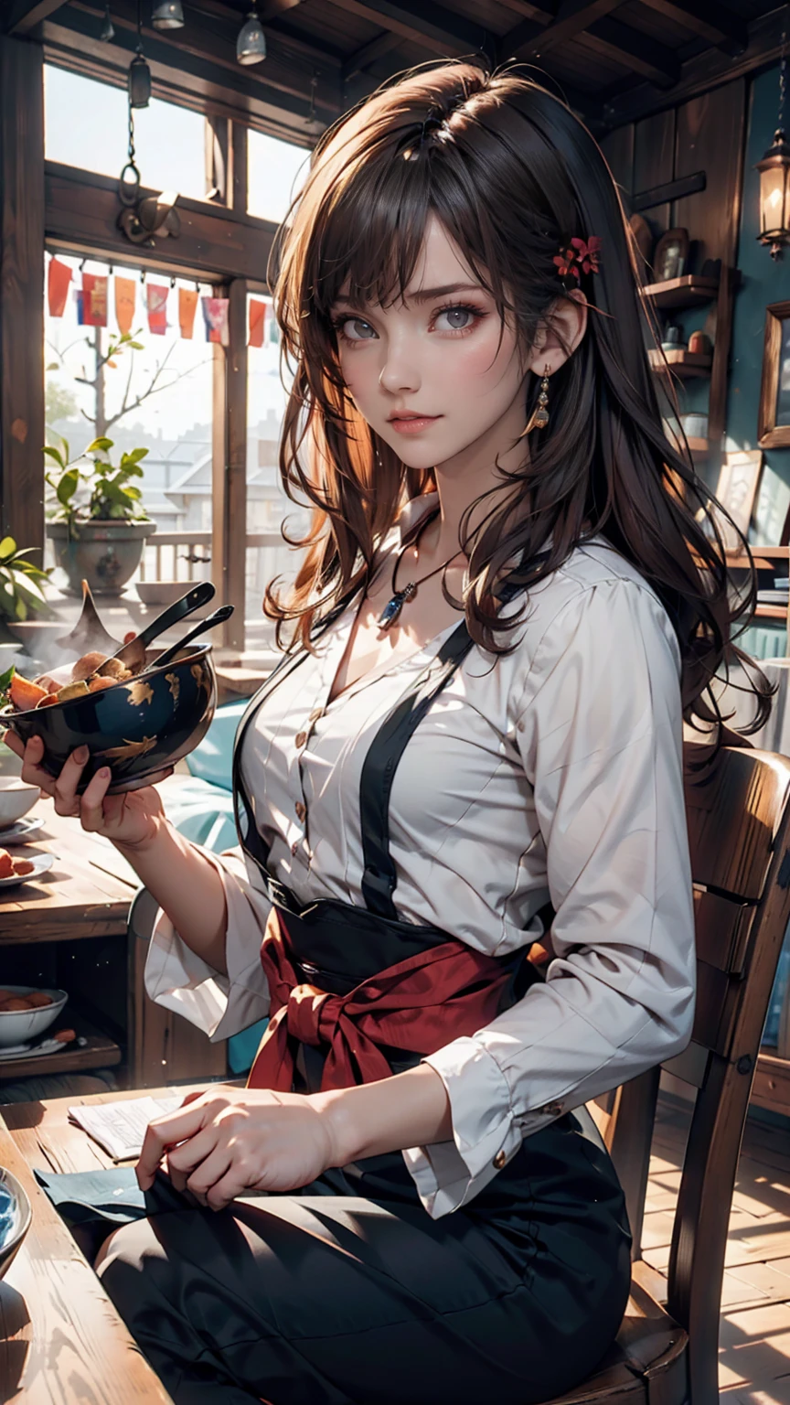 Animated character sitting on a chair with a bowl of food in his hands, Alchemist Girl, Light novel cover, Official Art, Epic light novel art cover, Official Artwork, epic Light novel cover, change, isekai, ??????????? change, Casciato krenz, Casciato, Casciato krenz key art feminine, Shadowverse Style, Moe