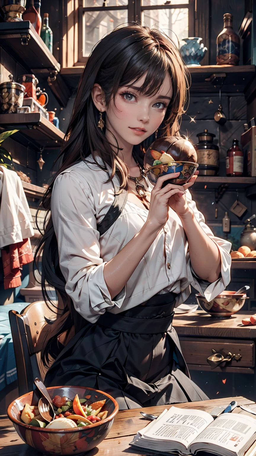Animated character sitting on a chair with a bowl of food in his hands, Alchemist Girl, Light novel cover, Official Art, Epic light novel art cover, Official Artwork, epic Light novel cover, change, isekai, small curvy change, Casciato krenz, Casciato, Casciato krenz key art feminine, Shadowverse Style, Moe