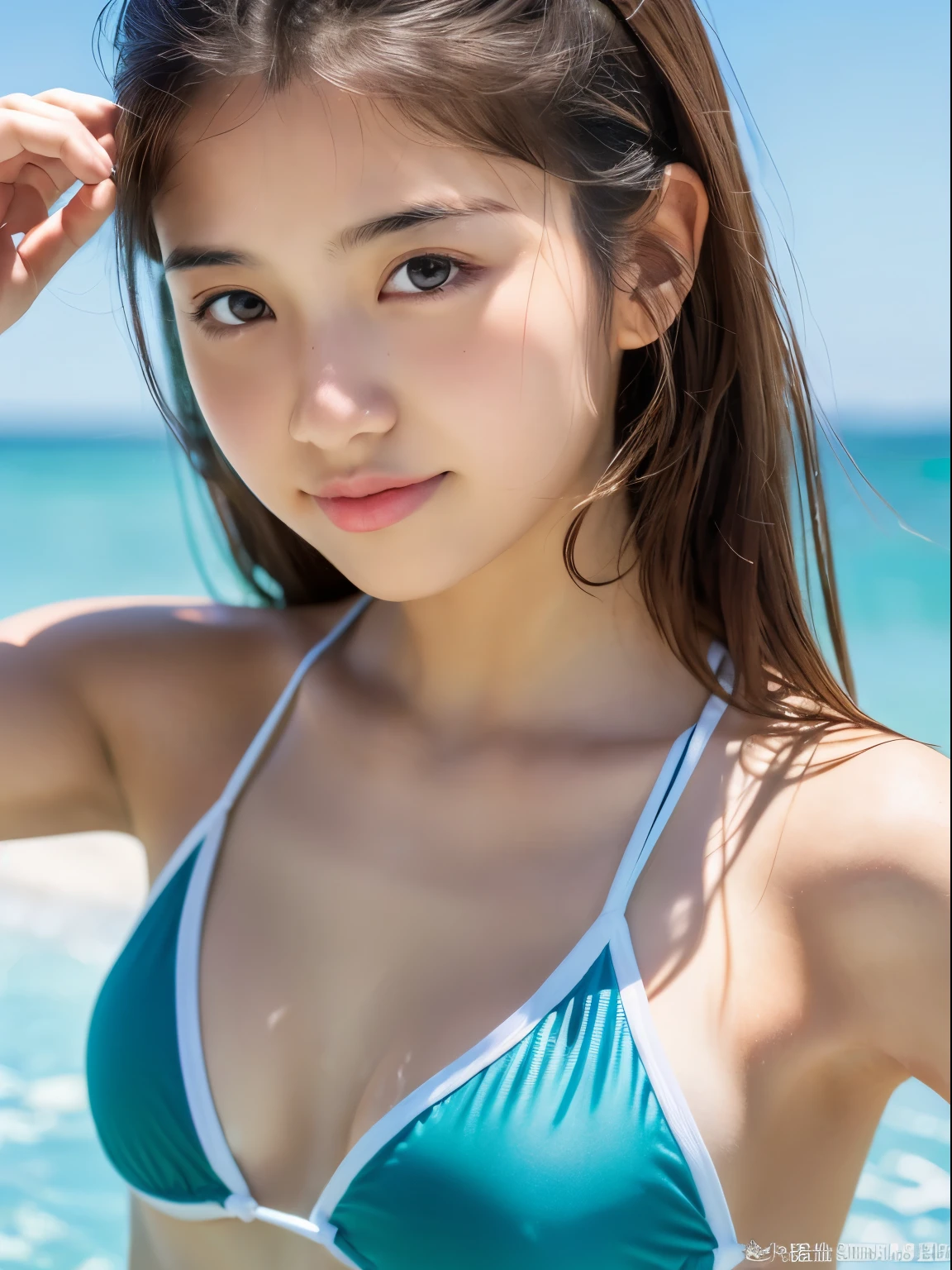 (8k, Top quality, Masterpiece:1.2), (Realistic, photo-realistic:1.37), Super detailed, perfect anatomy, cute, small eyes, 18 years old, a Japanese, girl, swimwear,