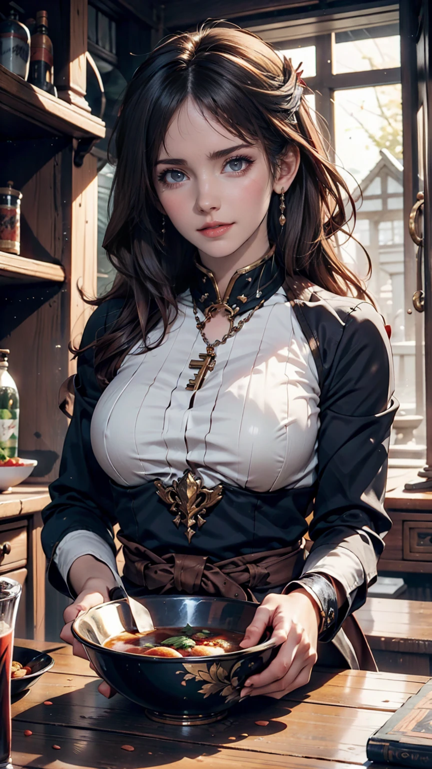 Animated character sitting on a chair with a bowl of food in his hands, Alchemist Girl, Light novel cover, Official Art, Epic light novel art cover, Official Artwork, epic Light novel cover, change, isekai, small curvy change, Casciato krenz, Casciato, Casciato krenz key art feminine, Shadowverse Style, Moe