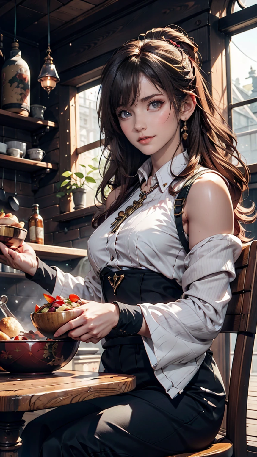 Animated character sitting on a chair with a bowl of food in his hands, Alchemist Girl, Light novel cover, Official Art, Epic light novel art cover, Official Artwork, epic Light novel cover, change, isekai, small curvy change, Casciato krenz, Casciato, Casciato krenz key art feminine, Shadowverse Style, Moe