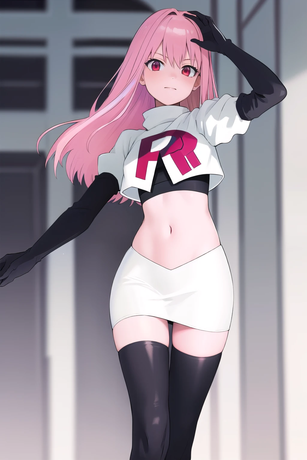 Masterpiece, Detailed, High quality, (absurdist), High Sharpness, High resolution, maiddoll, 1girls, Solo, pink hair, cracked skin,team rocket,team rocket uniform,white skirt,red letter R,crop top,black thigh-highs,black elbow gloves