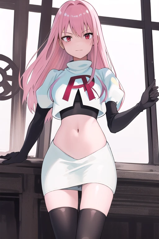 Masterpiece, Detailed, High quality, (absurdist), High Sharpness, High resolution, maiddoll, 1girls, Solo, pink hair, cracked skin,team rocket,team rocket uniform,white skirt,red letter R,crop top,black thigh-highs,black elbow gloves