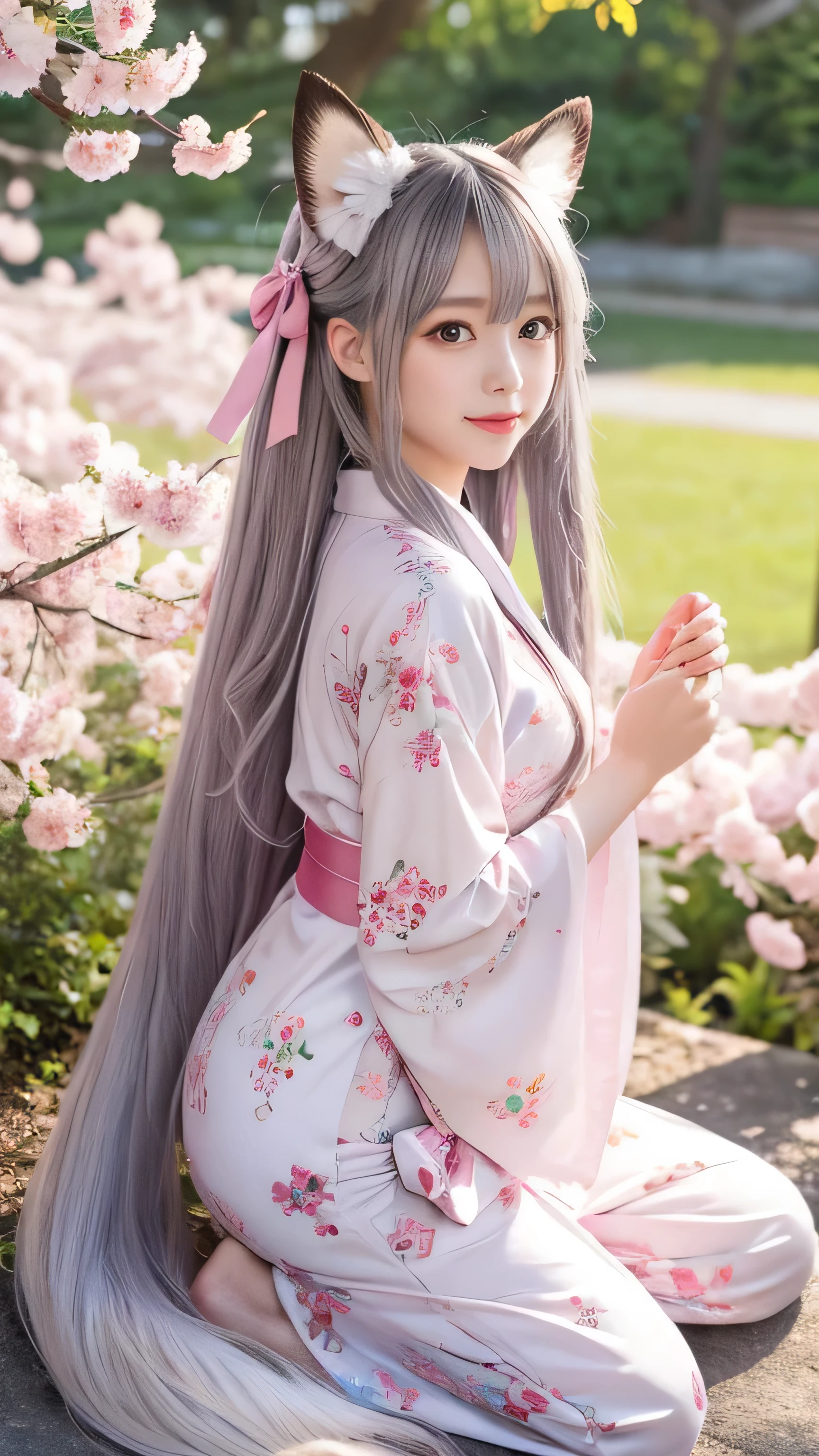"Depict Tamamo-no-Mae, the legendary nine-tailed fox spirit from Japanese folklore, reimagined as the ultimate moe character while retaining her iconic features. She has long, flowing silver hair that cascades down her back in soft waves, with large, fluffy fox ears perched atop her head, twitching adorably. Her eyes are large and sparkling, filled with innocence and warmth, with a gentle glow that exudes a sense of kindness and charm.

Her skin is smooth and pale, with a soft blush on her cheeks that enhances her kawaii appeal. Her nine tails are fluffy and voluminous, swaying gently behind her in a playful manner, each tail tipped with a delicate, pastel hue that adds to her cute appearance.

She wears a vibrant, pastel-colored kimono with intricate floral patterns, but it's been adapted with a modern twist—shorter sleeves, a more playful design, and adorned with ribbons and bows that emphasize her moe aesthetic. The kimono is tied with a large, decorative bow at the back, adding to her overall cuteness.

Her expression is sweet and slightly shy, with a small, endearing smile that highlights her moe charm. Her pose is playful and inviting, perhaps with one hand shyly touching her face while the other holds a small, cute accessory like a plushie or a small fan.

The background is a bright and cheerful setting, such as a sunny garden with blooming cherry blossoms, soft pastel skies, and a gentle breeze that playfully lifts her hair and tails. This portrayal transforms Tamamo-no-Mae into the ultimate moe character, blending her mythical beauty with an irresistibly cute and endearing appeal."