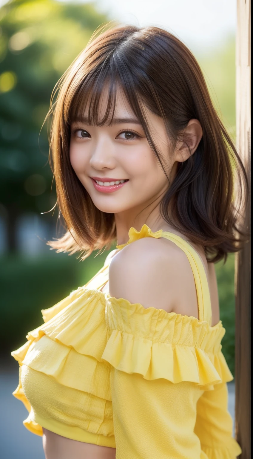 Enhanced dynamic perspective,cute cute beautiful girl,((Ruffled yellow cotton off-shoulder top))、short length pants、Look at me and smile, long hair、(Top quality real texture skin:1.4)、backgound,works of masters,high quality,4K resolution,Ultra-fine,detailed pubic hair,correct,cinematic lighting,Retain original facial proportions、(Big breasts that are about to burst 1.5)、