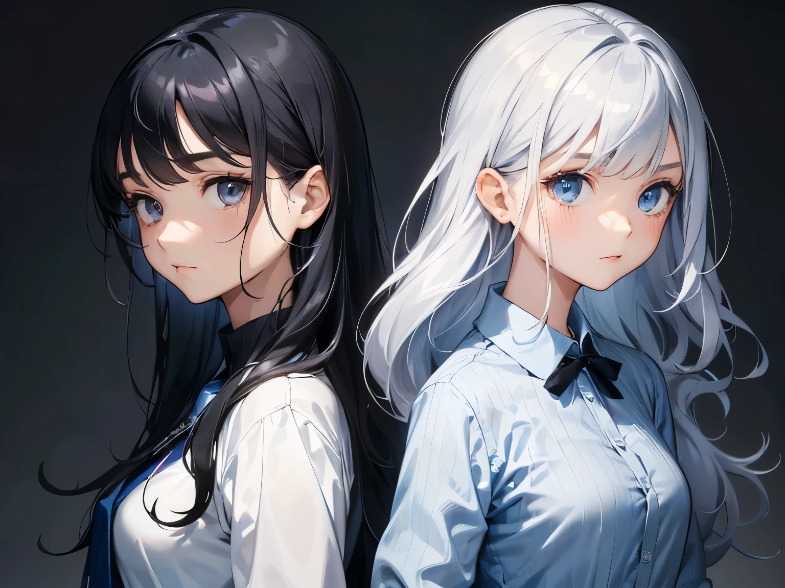 1 woman (silver hair, blue shirt), 1 woman (black hair, long hair, waves, white shirt), upper body composition, horizontal angle, no background, 2 people back to back (woman and woman), serious expressiveness, highest quality, masterpiece