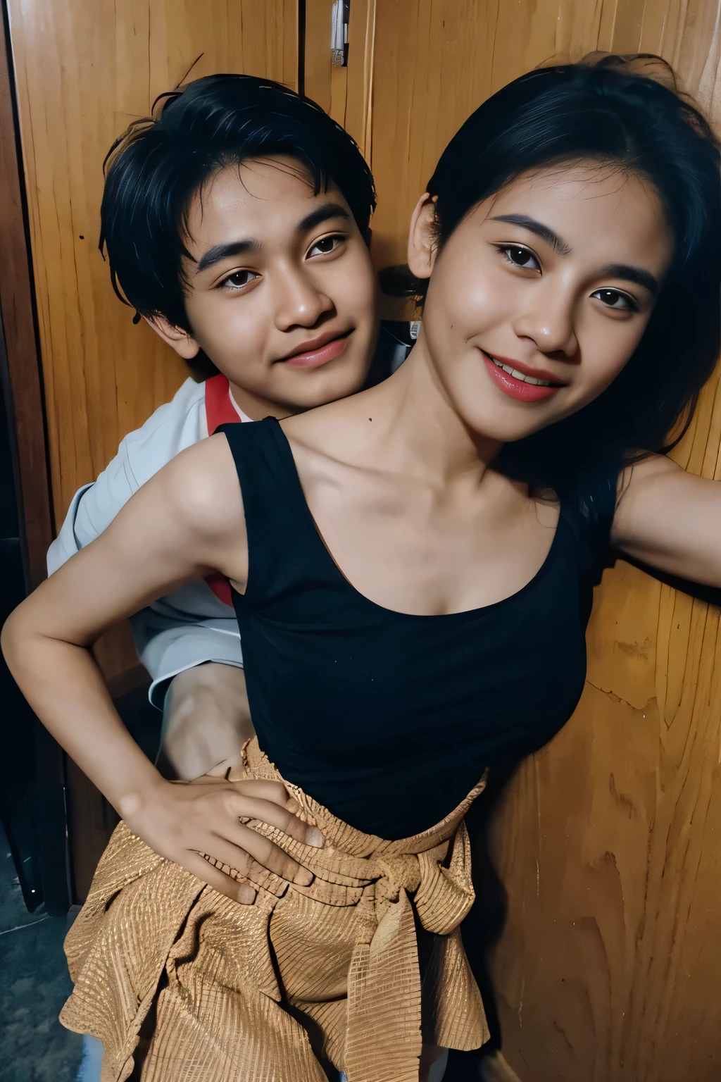 portrait of a big Indonesian lady in ruffled mini skirt, standing with one (1 boy), indian girl has big breasts, boy grabbing the girl, realistic, high detailing, hyper-realistic, 8k (( boy grabbing girl' waist)) , sexual pose, pose