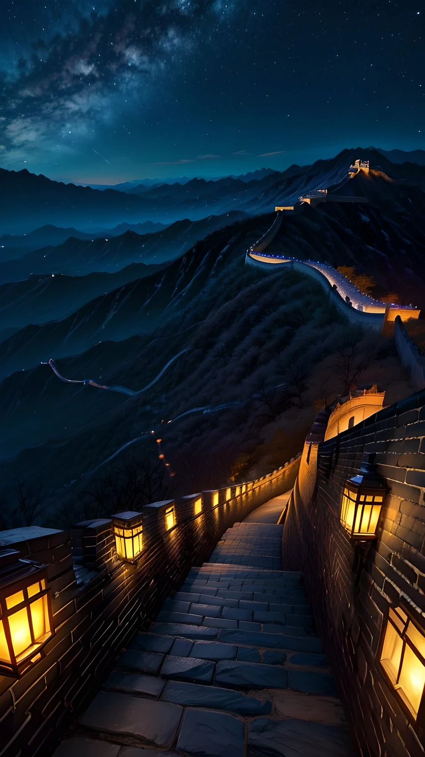 The Great Wall at night，The lights surround the area.