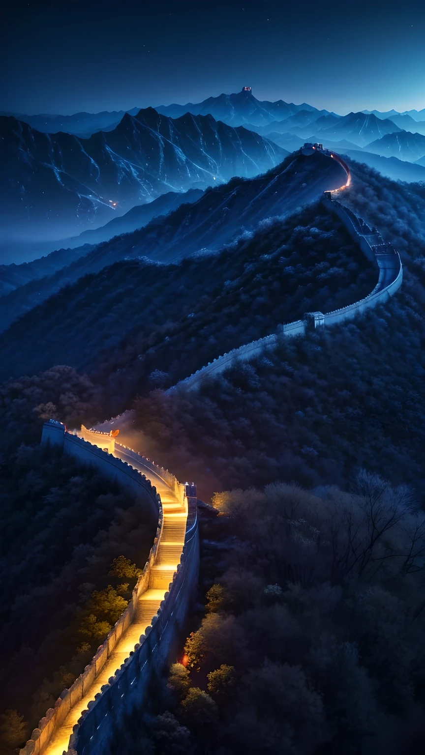 The Great Wall at night,The lights surround the area.