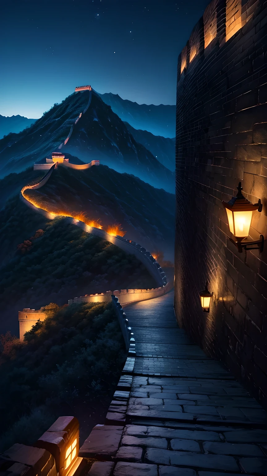 The Great Wall at night,The lights surround the area.
