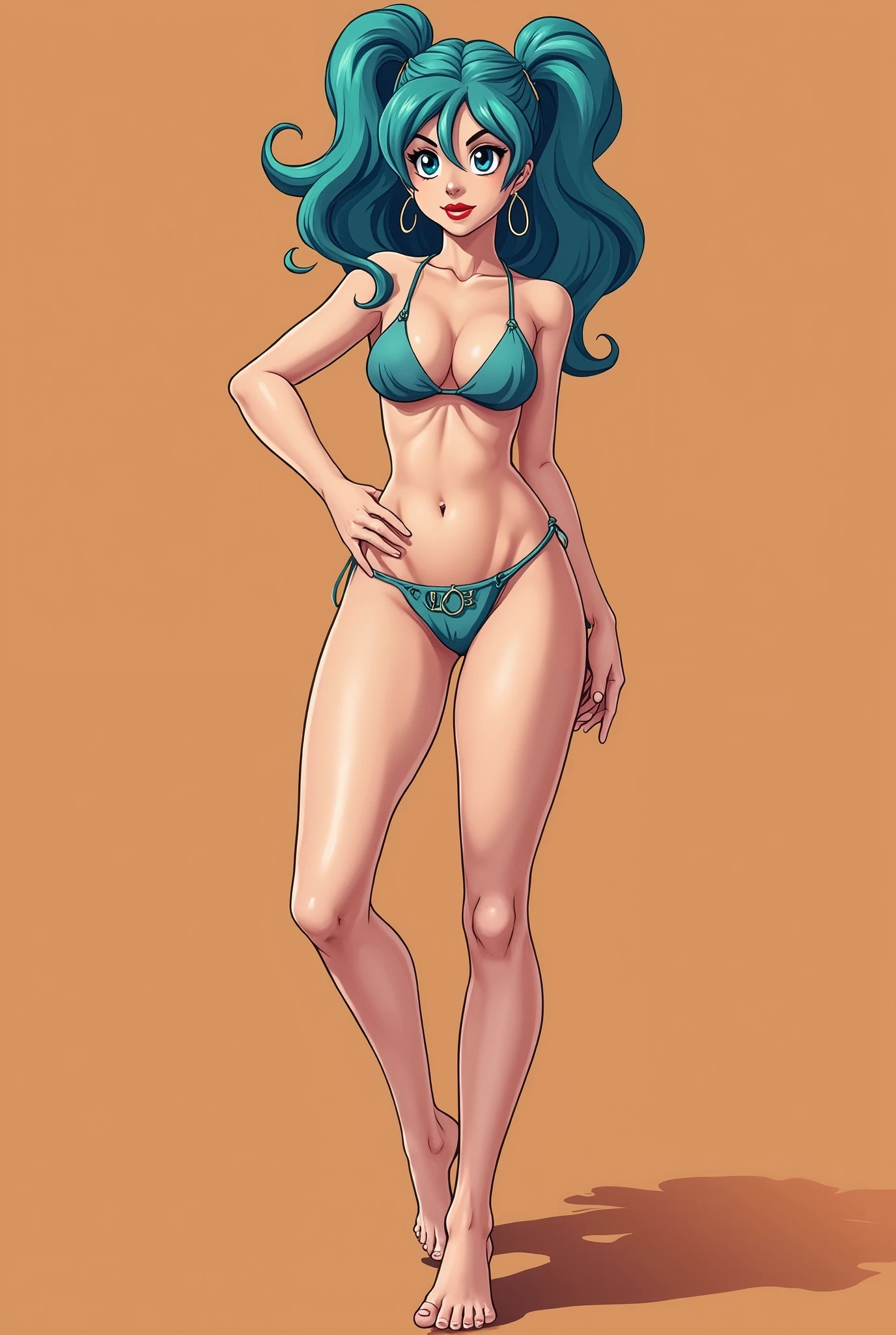 (ultra-detailed), (high resolution), lum, 1girl, solo, long hair, breasts, blue eyes, medium breasts, green hair, horns, makeup, white gradient background (girl Whole body :1.3), squatting legs, (beautiful detailed light blue eyes), the anatomy is correct, anatomically correct fingers, Adidas Clothing, frown, fume, jitome, best quality, (masterpiece), (high quality), 16k, super detail