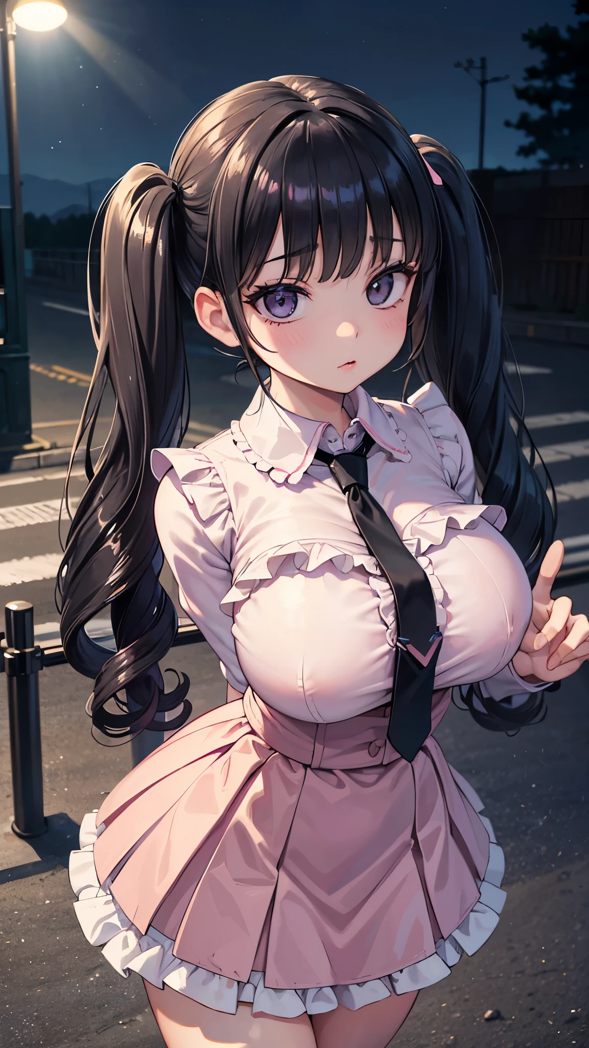 (masterpiece, 最high quality, 超High resolution, Very detailed), (Realistic:1.1, photoRealistic:1.4), Perfect illustration, Perfect lighting,Perfectly detailed hair, Perfect and exquisite face, Perfect collarbone, Perfect body,Juicy , Perfect Thighs, Beautiful legs, View your audience, 1 person,Perfect Face, (Perfect , Anatomically correct), Symmetrical face、((Shiny Hair)), Body、(masterpiece),(最high quality：1.3),8k,Very clear,(Ultra-realistic),Captivating woman,(high quality, High resolution, The finer details), Realisticなスタイルの女性,Juicy 、Perfect Woman、Perfect Face、Symmetrical face、Baby Face、(())、blush、((Juicy lips))、Cowboy Shot、(((Loosely curled black twin tails)))、((Large, double-set black eyes、Long eyelashes))、(Red Makeup)、(((Pink frilled shirt with collar、tie)))、(((Frilled Skirt)))、((Landmine Girl))、(Healthy and well-developed body)、((Big  jk))、(Outdoor、On the street at night)