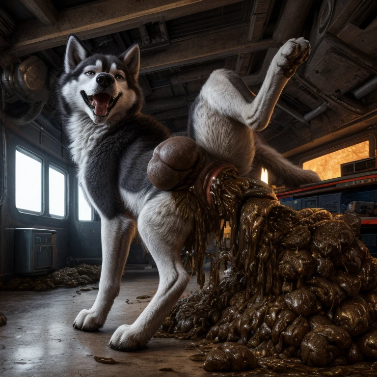 A hyper realistic, ultra detailed image of a husky, fat, (((((feral, husky))))), thick thighs, solo, shaded, intricate, realistic, detailed background, (saliva:0.8), panting, drooling, saliva, aroused, ass up, on a klingon star ship, freighter. ((((standing with raised leg, hyper balls, feral, excessive anal scat, spreading legs, excessive hyper anal feces))))