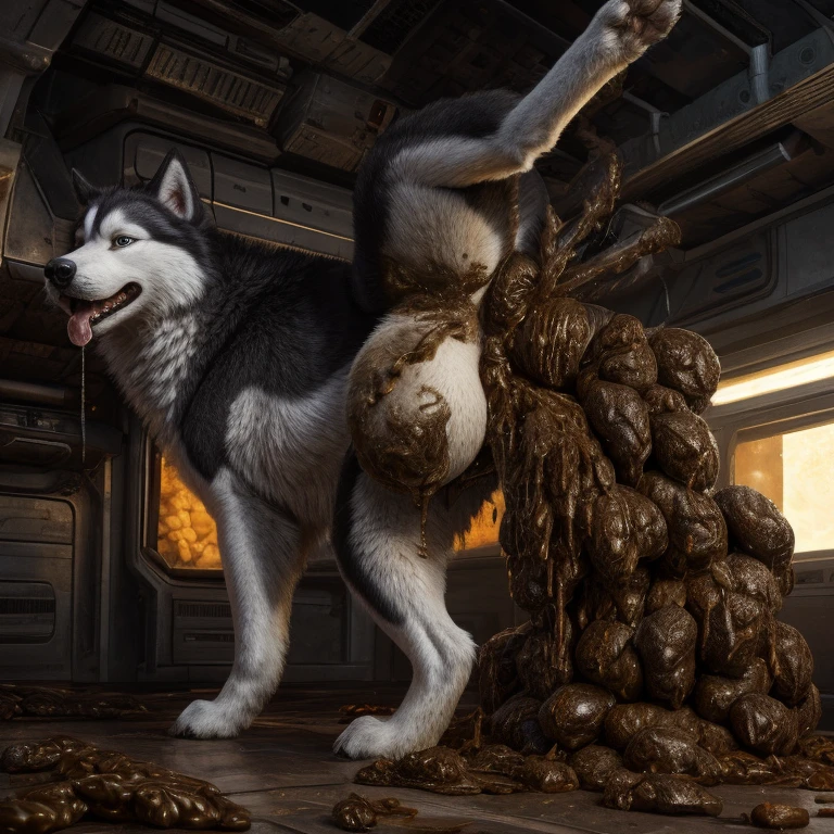 A hyper realistic, ultra detailed image of a husky, fat, (((((feral, husky))))), thick thighs, solo, shaded, intricate, realistic, detailed background, (saliva:0.8), panting, drooling, saliva, aroused, ass up, on a klingon star ship, freighter. ((((standing with raised leg, hyper balls, feral, excessive anal scat, spreading legs, excessive hyper anal feces))))