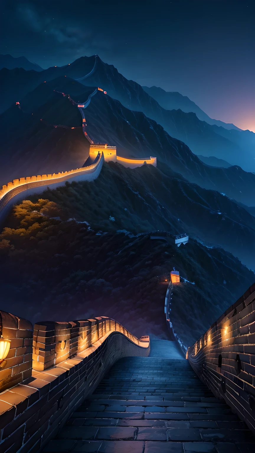 The Great Wall at night，The lights surround the area.