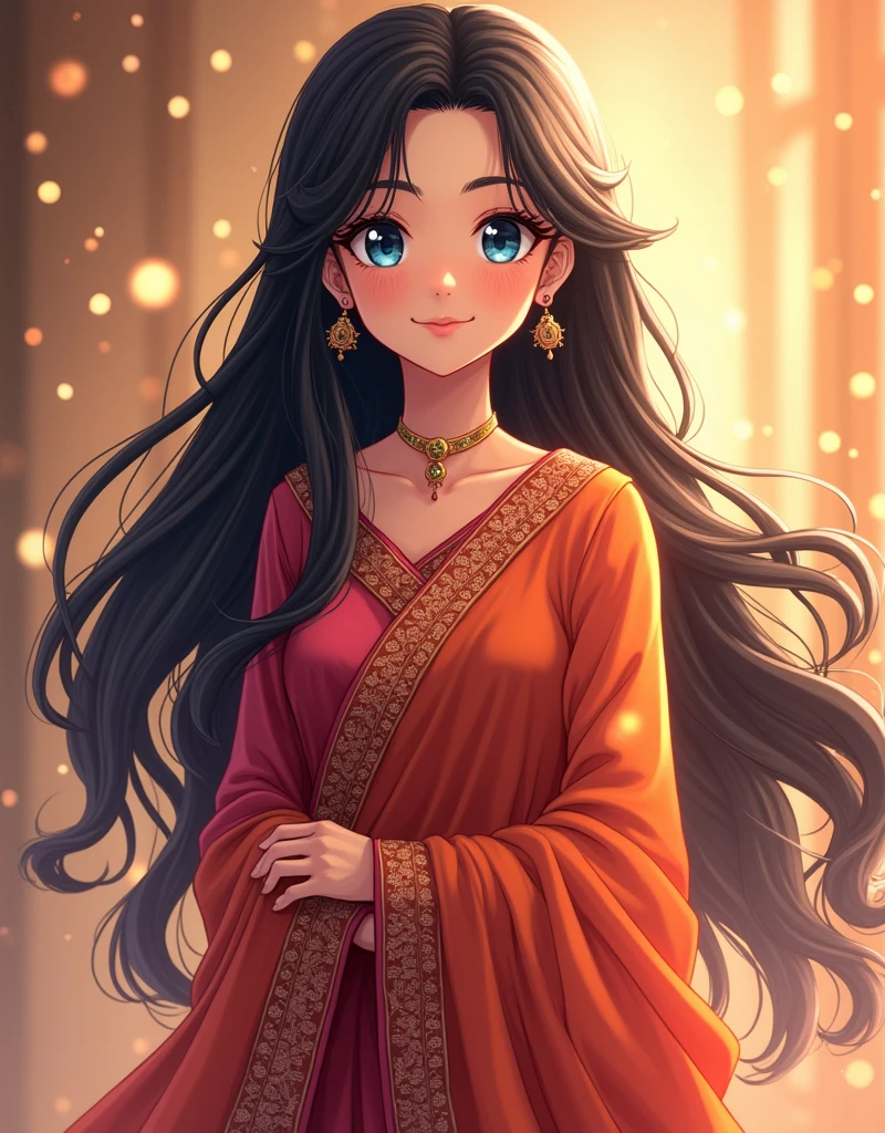 A cute anime girl with beautiful detailed eyes, a delicate nose, thin lips, (anime girl) and long black hair, wearing a traditional salwar suit, smiling sweetly, (best quality,4k,8k,highres,masterpiece:1.2),ultra-detailed,(realistic,photorealistic,photo-realistic:1.37),detailed facial features,glittering background,detailed traditional clothing,elegant pose,warm lighting,vibrant colors,intricate textile patterns