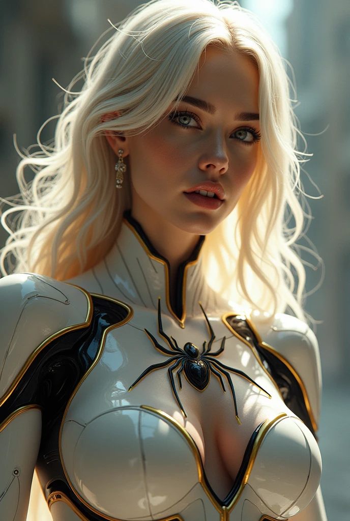 (Masterpiece:1.2),(Highest quality),(Superb details),(Ultra high resolution),(best illustrations),8ก,Wallpaper, Macro Focus, Beautiful cyborg woman in a spider suit,white dress, Gold and black edges, Spider symbol on the chest, sexy, Big breasts, openly, Seductive, charming, Dynamic action, glow,Reflecting light,The ultimate sharp light and shadow set,whole body,Hallucination,vector art,Surface is a layer,Progress,emerge,SF,cyberpunk,sexyสุด ๆ:2.0