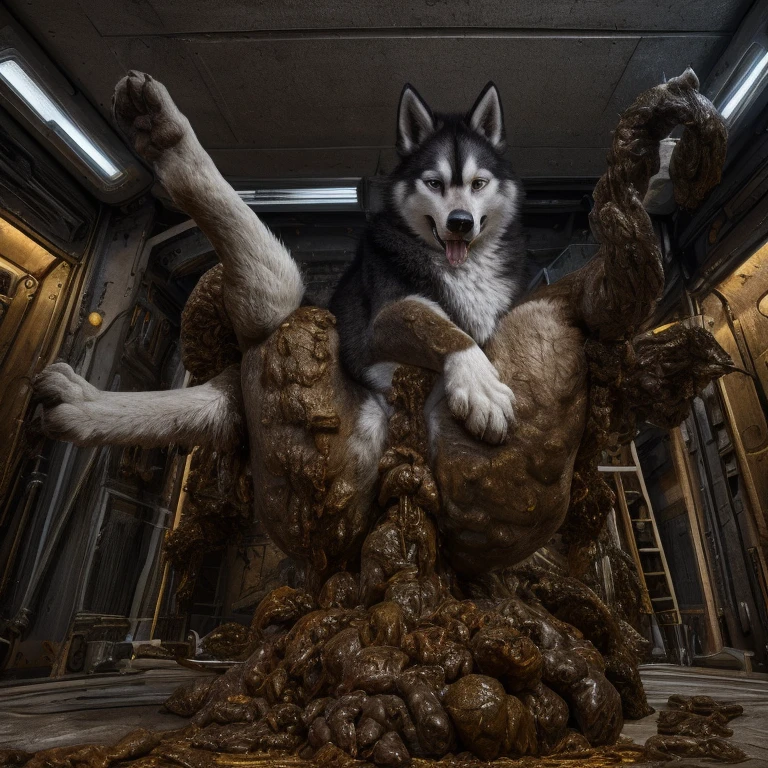 A hyper realistic, ultra detailed image of a husky, fat, (((((feral, husky))))), thick thighs, solo, shaded, intricate, realistic, detailed background, (saliva:0.8), panting, drooling, saliva, aroused on a klingon star ship, freighter. ((((standing leg up, hyper balls, feral, excessive anal scat, spreading legs, excessive hyper anal feces))))