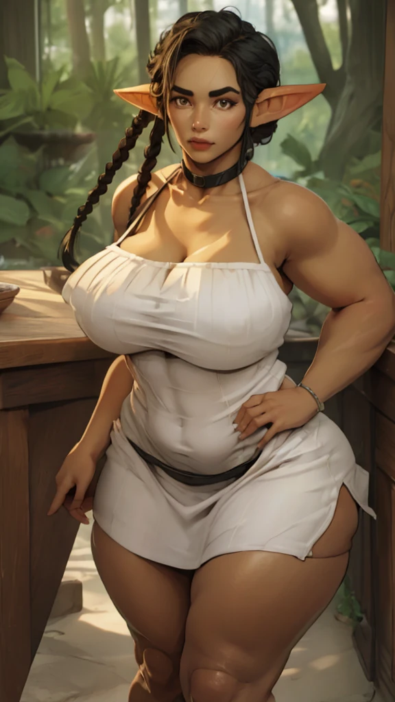 Elf girl. tan skin. very short hairstyle braided hair. Large soft breasts. huge hips. choker. mini dress. hazel eyes.