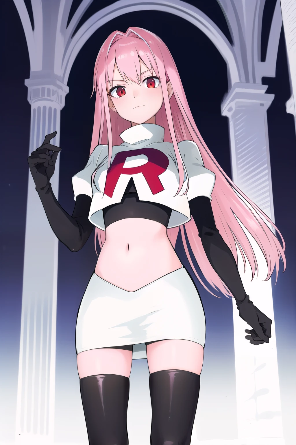 Masterpiece, Detailed, High quality, (absurdist), High Sharpness, High resolution, maiddoll, 1girls, Solo, pink hair, cracked skin,team rocket,team rocket uniform,white skirt,red letter R,crop top,black thigh-highs,black elbow gloves