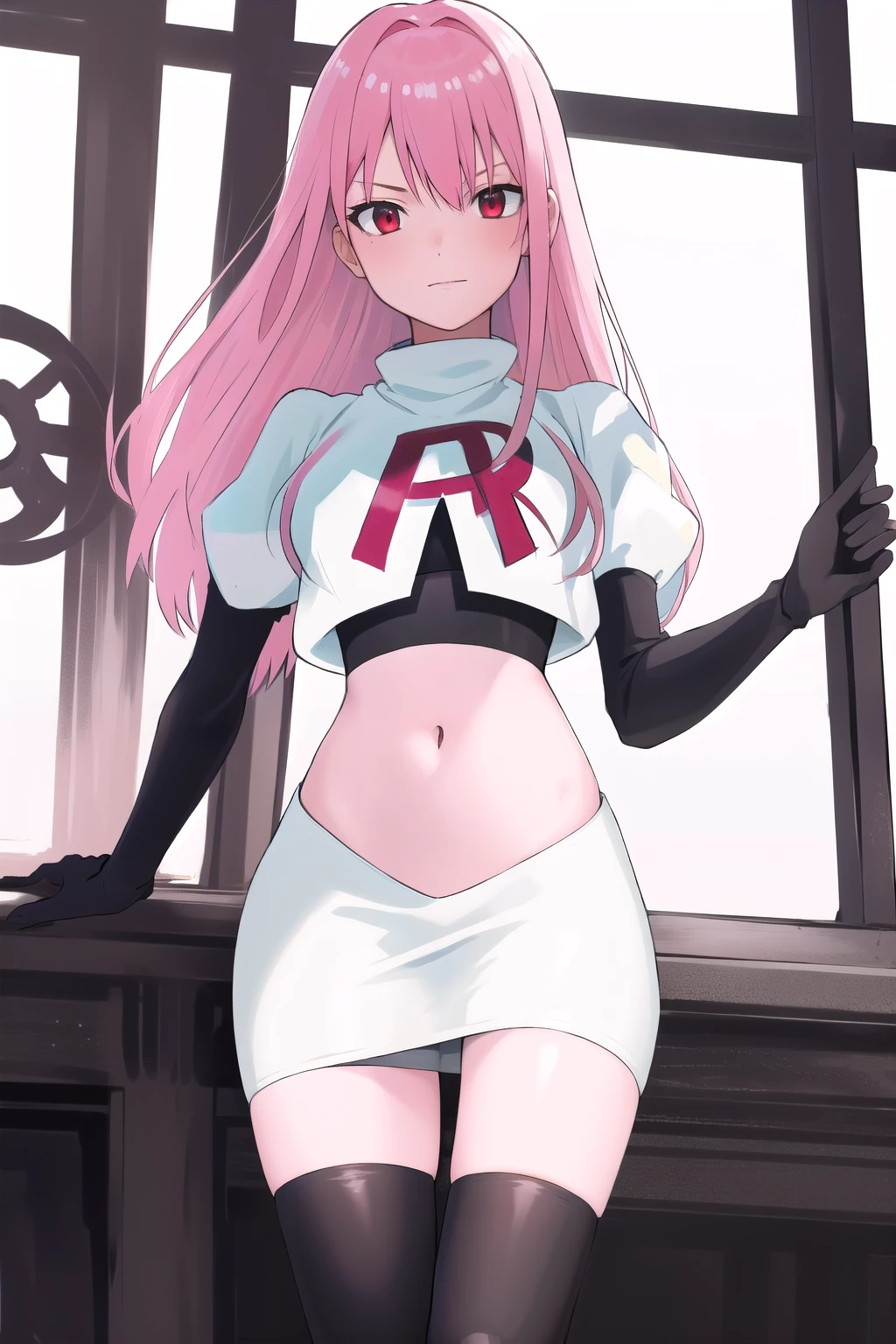 Masterpiece, Detailed, High quality, (absurdist), High Sharpness, High resolution, maiddoll, 1girls, Solo, pink hair, cracked skin,team rocket,team rocket uniform,white skirt,red letter R,crop top,black thigh-highs,black elbow gloves