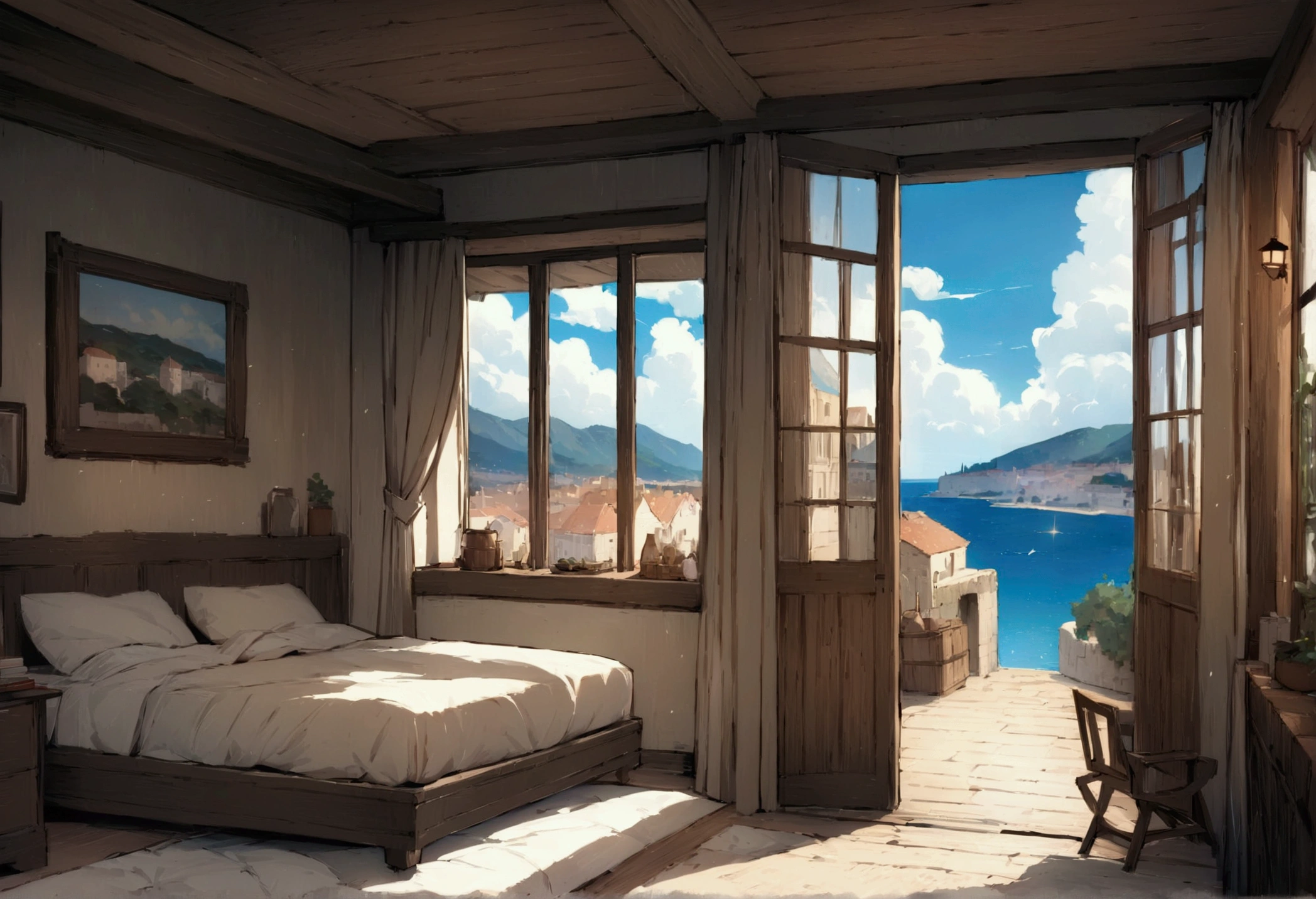 ((((masterpiece, Highest quality, High resolution)))), Attention to detail, manga,anime,Illustration Style,Use of bright colors, Fantasy world of medieval Europe,Bedroom, Sophisticated interior,The cityscape of Dubrovnik,The sea and cityscape as seen from the window of a house on a high platform,No humans,High position,The cityscape and seascape spread out below., RPG-like scenery, The sky is bright blue、Fluffy white clouds floating, And the sun is shining brightly, Creates a magical, comfortable atmosphere, Bright daytime atmosphere.Sunlight is shining through the window,A room with a living feel,Adventurer's Room,