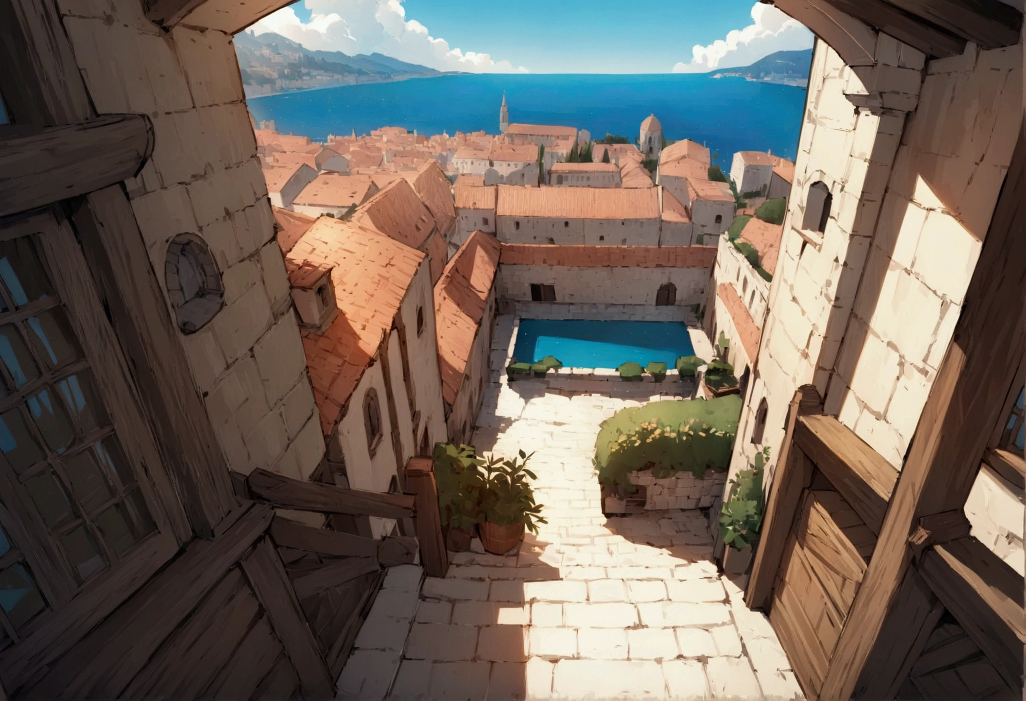 ((((masterpiece, Highest quality, High resolution)))), Attention to detail, manga，anime，Illustration Style，Use of bright colors, Fantasy world of medieval Europe,Bedroom, Sophisticated interior,The cityscape of Dubrovnik,The sea and cityscape as seen from the window of a house on a high platform，No humans，High position,The cityscape and seascape spread out below., RPG-like scenery, The sky is bright blue、Fluffy white clouds floating, And the sun is shining brightly, Creates a magical, comfortable atmosphere, Bright daytime atmosphere.Sunlight is shining through the window,A room with a living feel,Adventurer's Room,