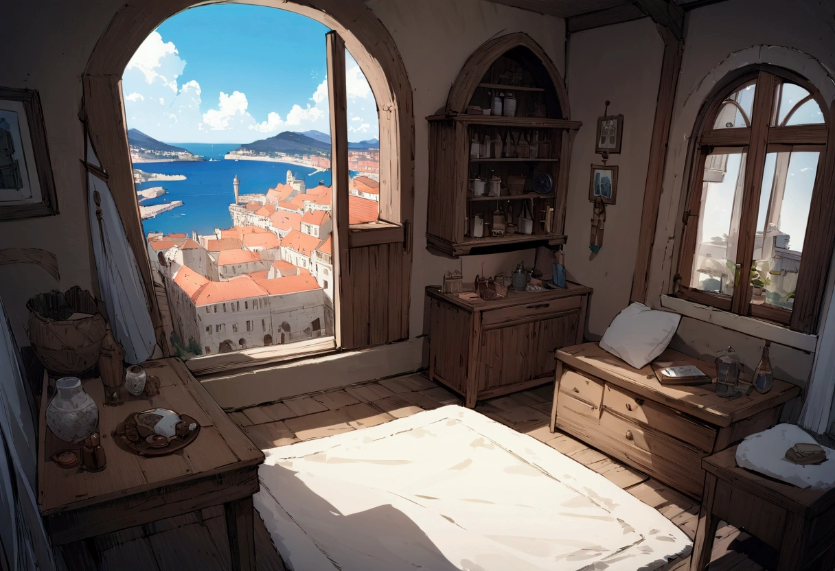 ((((masterpiece, Highest quality, High resolution)))), Attention to detail, manga,anime,Illustration Style,Use of bright colors, Fantasy world of medieval Europe,Bedroom, Sophisticated interior,The cityscape of Dubrovnik,The sea and cityscape as seen from the window of a house on a high platform,No humans,High position,The cityscape and seascape spread out below., RPG-like scenery, The sky is bright blue、Fluffy white clouds floating, And the sun is shining brightly, Creates a magical, comfortable atmosphere, Bright daytime atmosphere.Sunlight is shining through the window,A room with a living feel,Adventurer's Room,