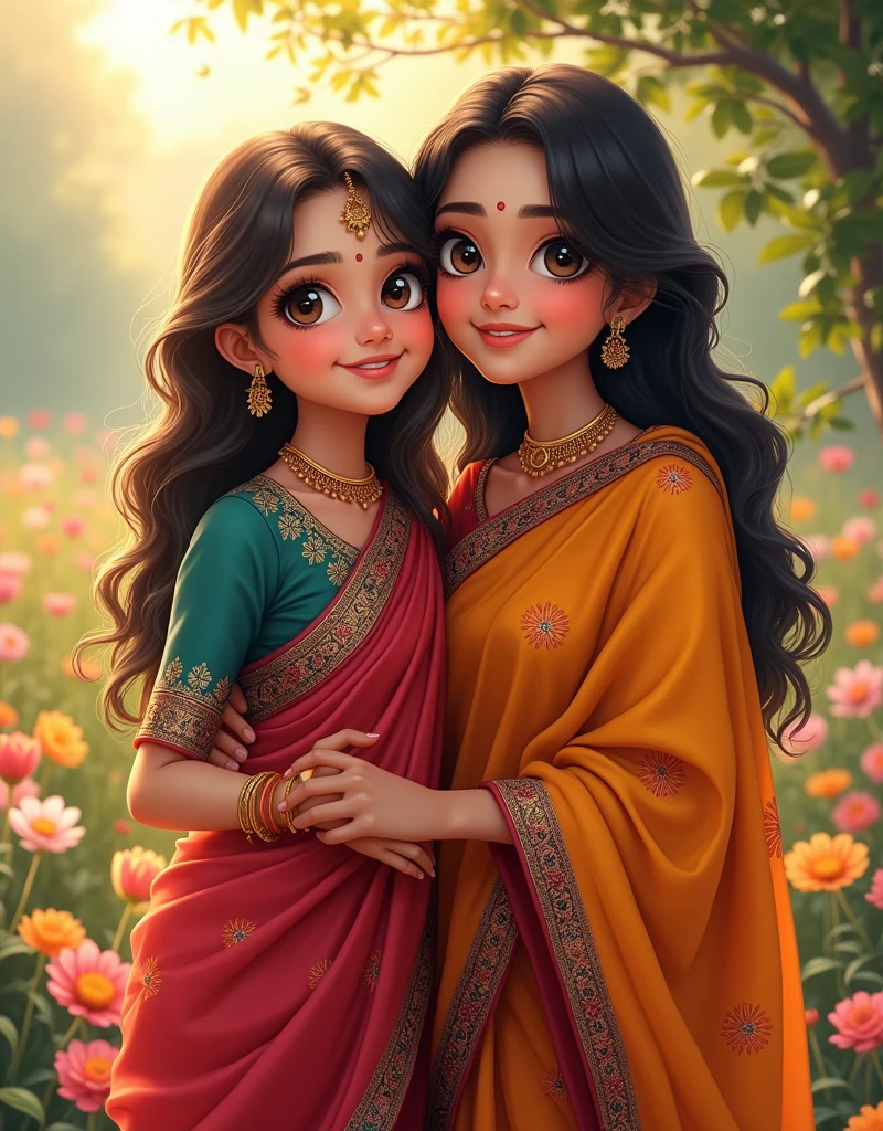 A beautiful Indian girl in Saree with her mother, cute anime girl portrait and smile, detailed face, detailed eyes, detailed smile, detailed hair, detailed clothing, natural lighting, high quality, photorealistic, 8k, masterpiece, digital art, vibrant colors, soft lighting