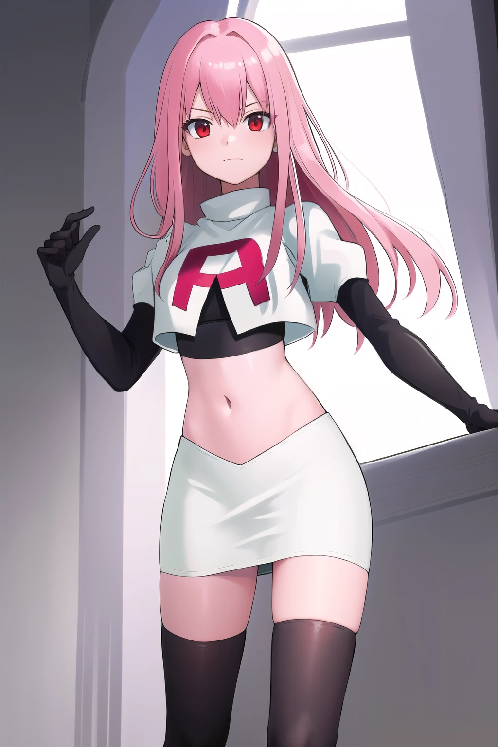 Masterpiece, Detailed, High quality, (absurdist), High Sharpness, High resolution, maiddoll, 1girls, Solo, pink hair, cracked skin,team rocket,team rocket uniform,white skirt,red letter R,crop top,black thigh-highs,black elbow gloves