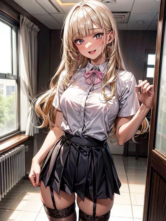 ((masterpiece, Highest quality, Very detailed)), left to right balance, Perfect Hands, beautiful hands, Perfect Fingers, beautiful fingers, beautiful eyes, perfect Limbs, perfect body, correct human body, shiny skin,
One girl, 20 yers old, One girl, gyaru, ((Brown skin:1.3)), BREAK Blonde, Long Hair, blunt bangs, wavy Hair, BREAK ((grey eyes)), Thick thighs, evil smile, ((open mouth))
standing, ((pigeon toed)), looking at viewer, NSFW, ((open white collar shirt)), ((lots of pierced earrings)), medium breasts, necklace, ((Black pleated skirt)), (skirt lift, show off panties), BREAK ((pink satin bra)), ((pink satin thong)), ((black garter stockings)), ((wearing garter stockings on both legs)), BREAK A neat and clean motel, white interior, white bed, a bright and large picture window at the back of the room,