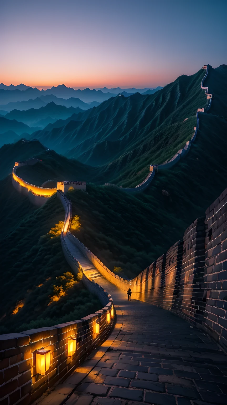 The Great Wall at night，The city is brightly lit.，Like a dragon，Crowded，The lights surround the area.，Sunset，quality，8k，Exquisite。