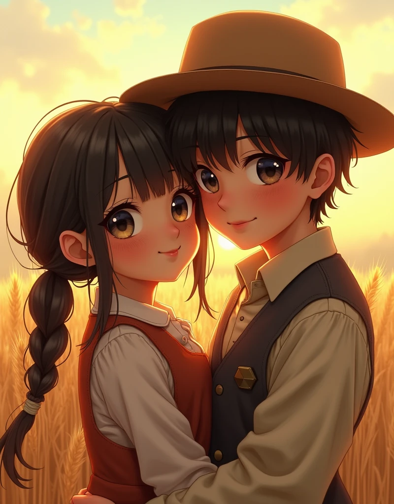 a farmer and his daughter,cute anime realistic anime art style 1girl, detailed face, beautiful eyes, long eyelashes, detailed clothing, agricultural field, wheat field, golden hour lighting, warm color palette, cinematic, Painting by Rembrandt, intricate details, photorealistic, award winning, (best quality,4k,8k,highres,masterpiece:1.2),ultra-detailed,(realistic,photorealistic,photo-realistic:1.37)