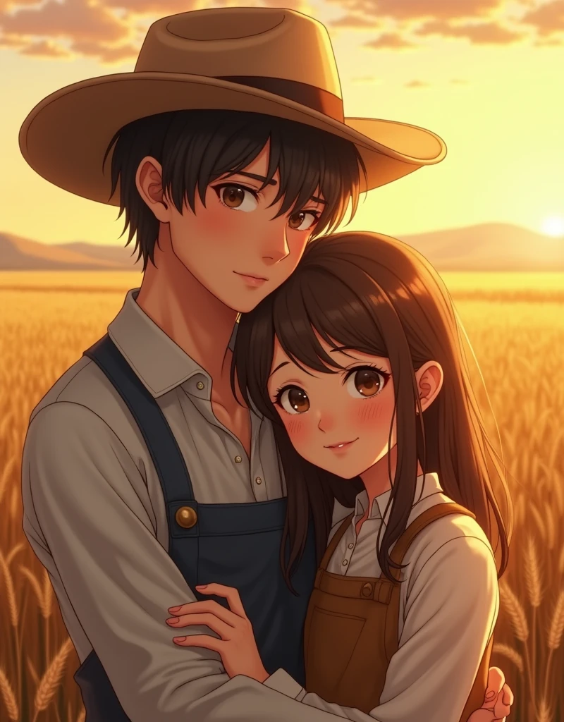 a farmer and his daughter,cute anime realistic anime art style 1girl, detailed face, beautiful eyes, long eyelashes, detailed clothing, agricultural field, wheat field, golden hour lighting, warm color palette, cinematic, Painting by Rembrandt, intricate details, photorealistic, award winning, (best quality,4k,8k,highres,masterpiece:1.2),ultra-detailed,(realistic,photorealistic,photo-realistic:1.37)