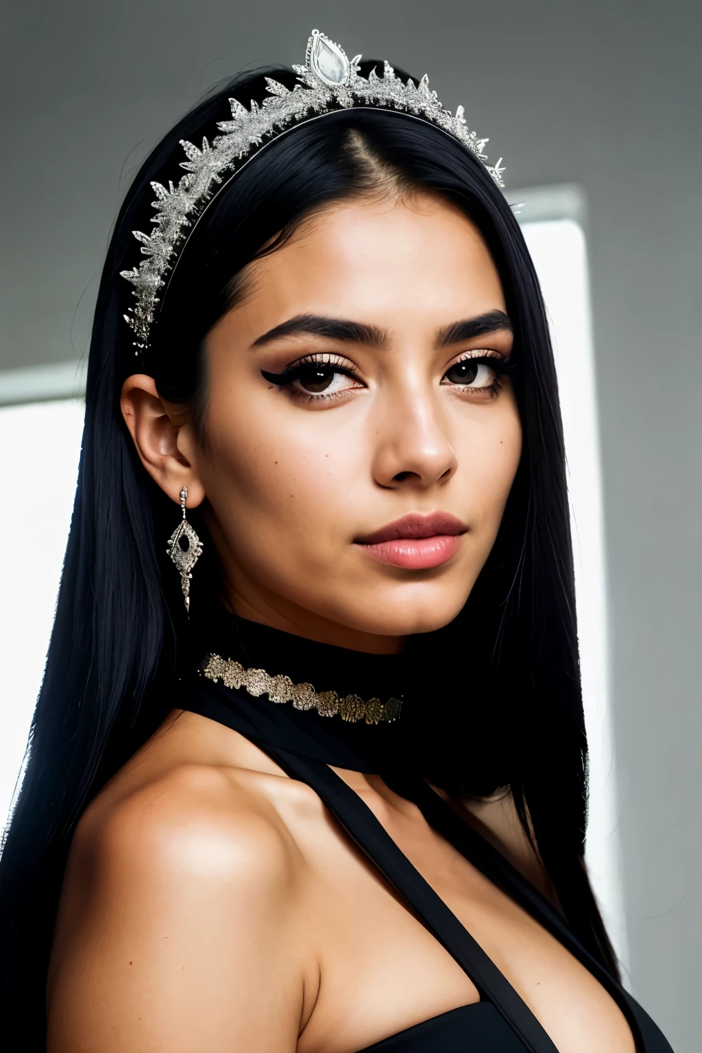 realistic portrait of an extremely beautiful Salvadorean woman, wearing a tight black Scuba Crepe 3/4 Sleeve Split V-Neck Sheath Dress, wearing a choker, detailed facial features, piercing eyes, wearing a headdress, elegant long eyelashes, beautiful lips, delicate nose, intricate jewelry, dramatic lighting, highly detailed, photorealistic, 8k, cinematic composition, dramatic pose, masterpiece