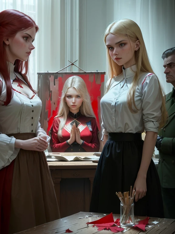 Several people stand around a table, holding red fabric, soviet - era, Svetlana Belyaeva, from Maximilizhan Vanka, Anna Katarina Block, A flag in hands, amazing art, From Anna Füssli, soviet - era, Shards of a torn flag!!!, beautiful Foto, Stefan Gerovski