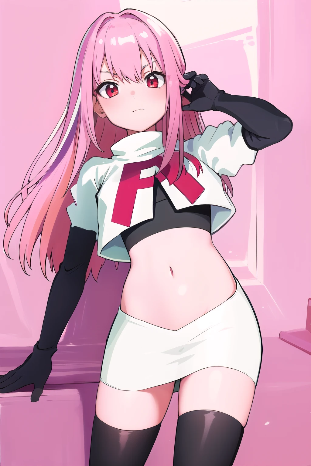 Masterpiece, Detailed, High quality, (absurdist), High Sharpness, High resolution, maiddoll, 1girls, Solo, pink hair, cracked skin,team rocket,team rocket uniform,white skirt,red letter R,crop top,black thigh-highs,black elbow gloves