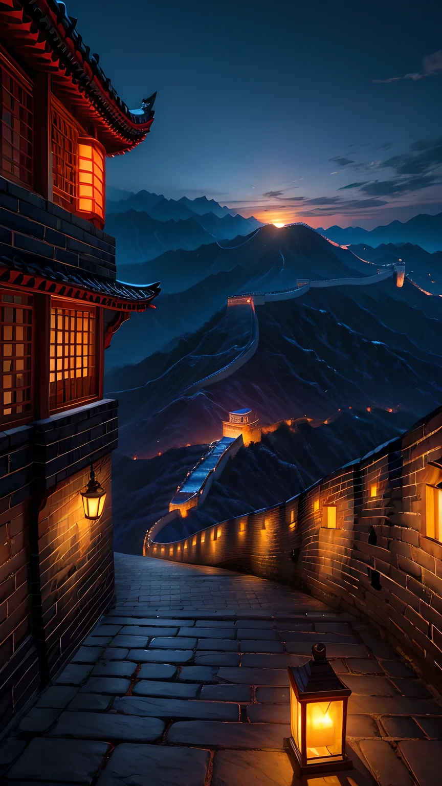 The Great Wall at night,The city is brightly lit.,Like a dragon,Lifelike,Crowded,The lights surround the area.,Sunset,quality,8k,Exquisite。