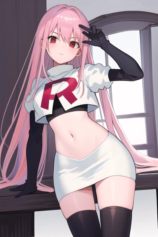 Masterpiece, Detailed, High quality, (absurdist), High Sharpness, High resolution, maiddoll, 1girls, Solo, pink hair, cracked skin,team rocket,team rocket uniform,white skirt,red letter R,crop top,black thigh-highs,black elbow gloves