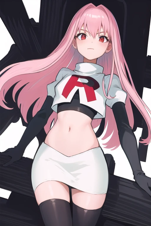 Masterpiece, Detailed, High quality, (absurdist), High Sharpness, High resolution, maiddoll, 1girls, Solo, pink hair, cracked skin,team rocket,team rocket uniform,white skirt,red letter R,crop top,black thigh-highs,black elbow gloves