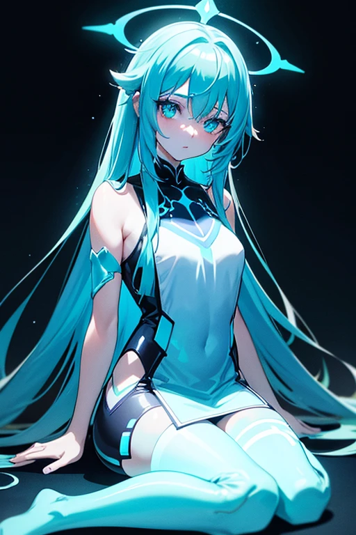 The overall look is dark，The neon on her body is the light source Anime girl wearing glowing clothes sitting on the ground, Glowing Blue, Glowing Details!, Glowing Aesthetics, Shining with Magical Light, White Glowing Veins, Glowing Details, Shimmering with Colorful Lights, Bioluminescent Skin!, with Glowing Blue lights, anime characters; full body art, Glow effect, Luminous veins, Blue light. fantasy, Anime girl with blue glowing aura wearing luminous clothing sitting on the ground, yuumei&#39;A cyberpunk art style, Douban, holography, Glowing Blue, Glowing Details!, Shining with Magical Light, Glowing Aesthetics, White Glowing Veins, Glowing Details, Shimmering with Colorful Lights, Bioluminescent Skin!, with Glowing Blue lights, anime characters; full body art, Glow effect, Luminous veins