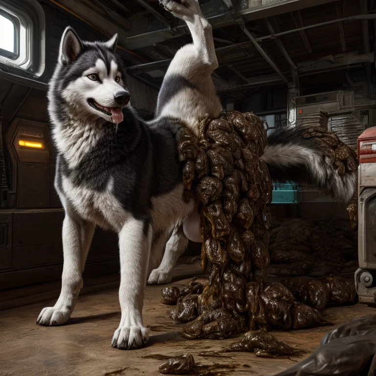 A hyper realistic, ultra detailed image of a husky, fat, (((((feral, husky))))), thick thighs, solo, shaded, intricate, realistic, detailed background, (saliva:0.8), panting, drooling, saliva, aroused, ass up, on a klingon star ship, freighter. ((((feral standing with raised leg, hyper balls, feral, excessive anal scat, spreading legs, excessive hyper anal feces))))